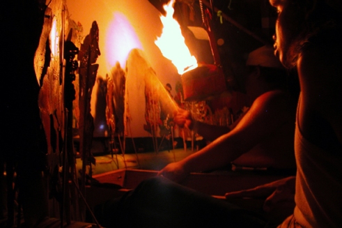 Dalang Made, or puppeteer, performs a traditional wayang kulit shadow puppet theater at Dalem Ped. He has been dedicating himself here for the last 30 years to serve Ratu Gede Macaling through his shadow puppet theater. (Photo by Maria Bakkalapulo)